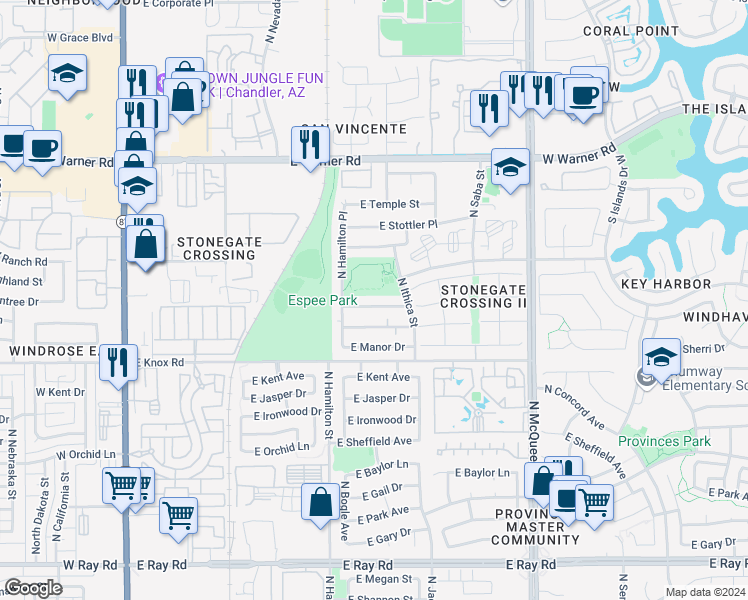 map of restaurants, bars, coffee shops, grocery stores, and more near 650 East Gila Lane in Chandler