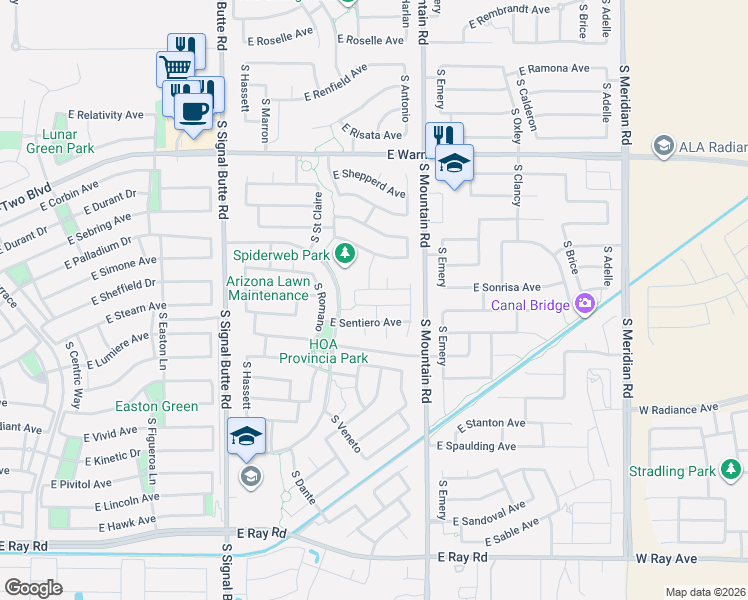 map of restaurants, bars, coffee shops, grocery stores, and more near 11060 East Stearn Avenue in Mesa