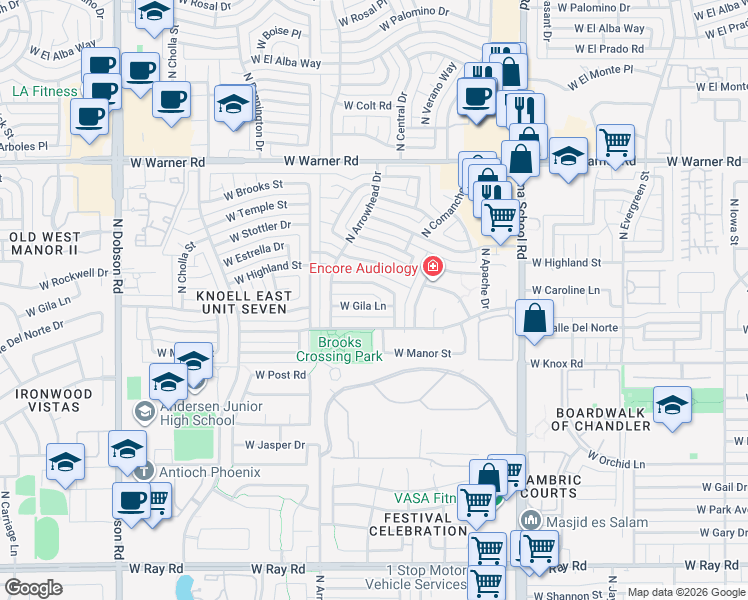 map of restaurants, bars, coffee shops, grocery stores, and more near 1328 West Gila Lane in Chandler