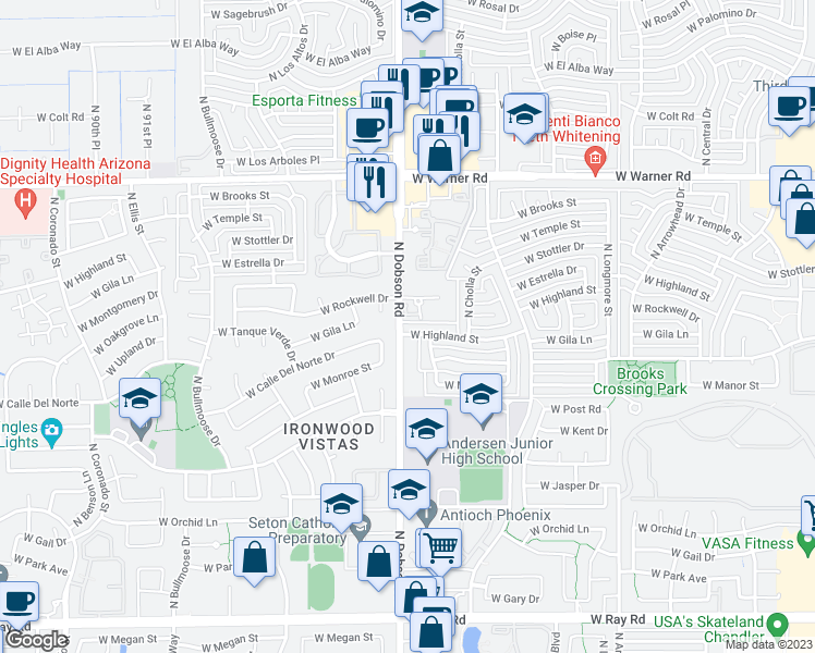 map of restaurants, bars, coffee shops, grocery stores, and more near 1944 West Highland Street in Chandler