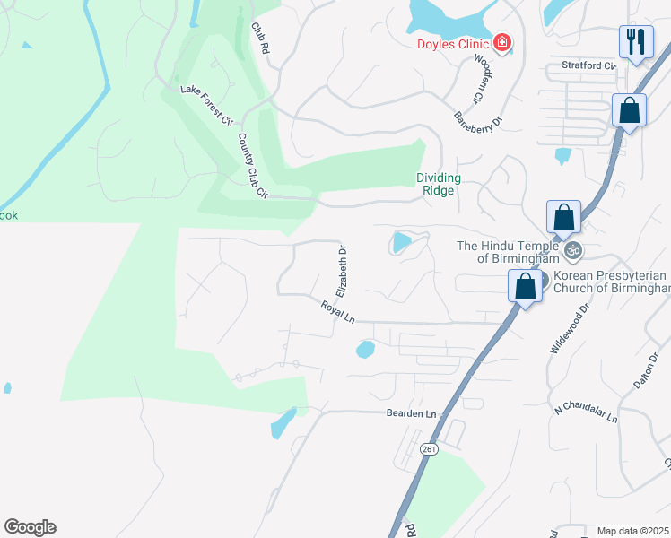 map of restaurants, bars, coffee shops, grocery stores, and more near 2508 Elizabeth Drive in Pelham