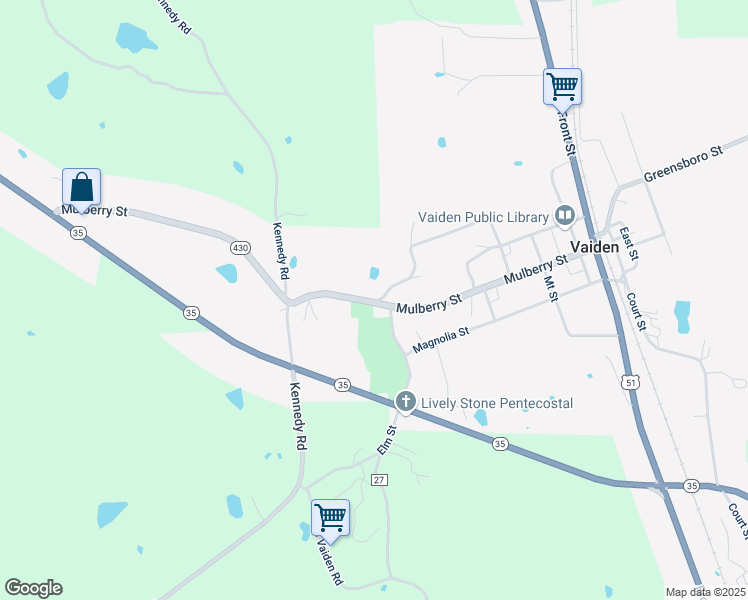 map of restaurants, bars, coffee shops, grocery stores, and more near 502 Flowers Street in Vaiden