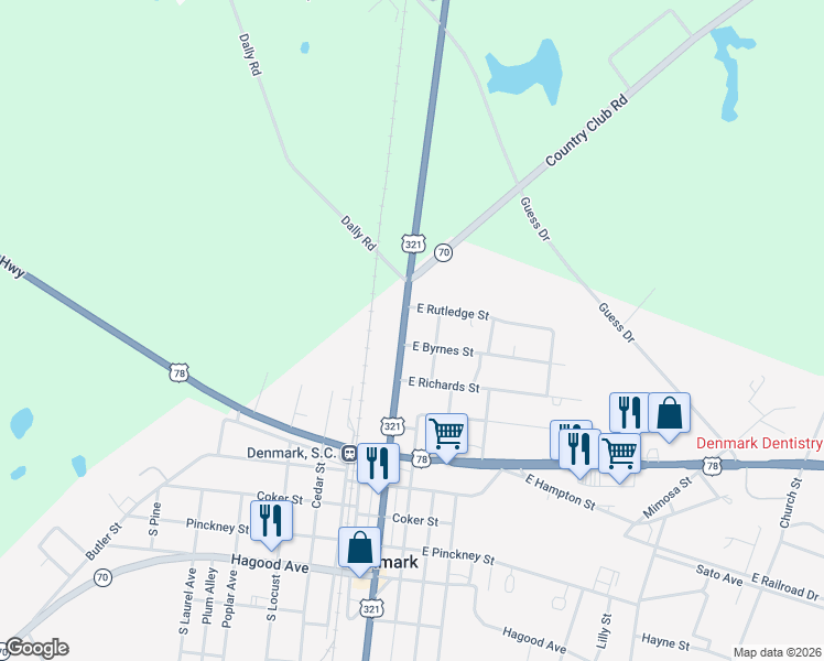 map of restaurants, bars, coffee shops, grocery stores, and more near 4423 Carolina Highway in Denmark