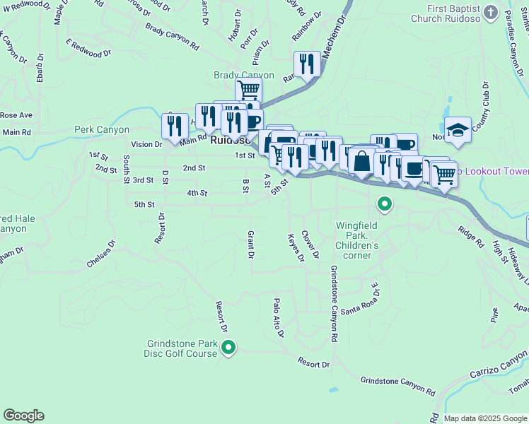 map of restaurants, bars, coffee shops, grocery stores, and more near 1200-1208 Apache Hills Dr in Ruidoso