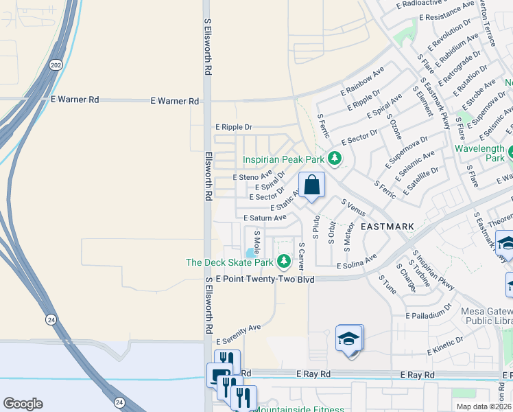 map of restaurants, bars, coffee shops, grocery stores, and more near 9312 East Static Avenue in Mesa