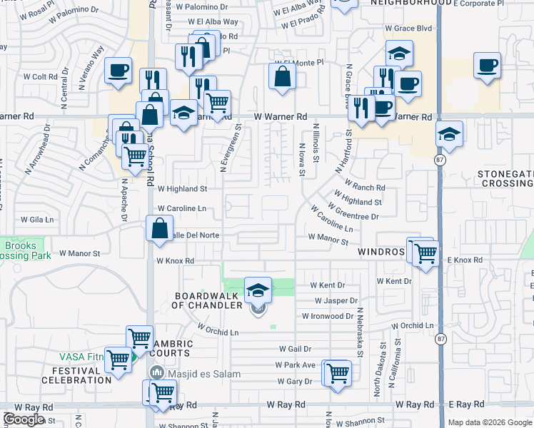 map of restaurants, bars, coffee shops, grocery stores, and more near 1561 North Sunset Place in Chandler