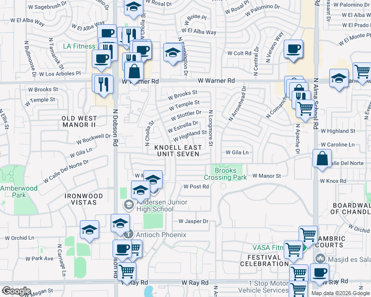 map of restaurants, bars, coffee shops, grocery stores, and more near 1704 West Gila Lane in Chandler