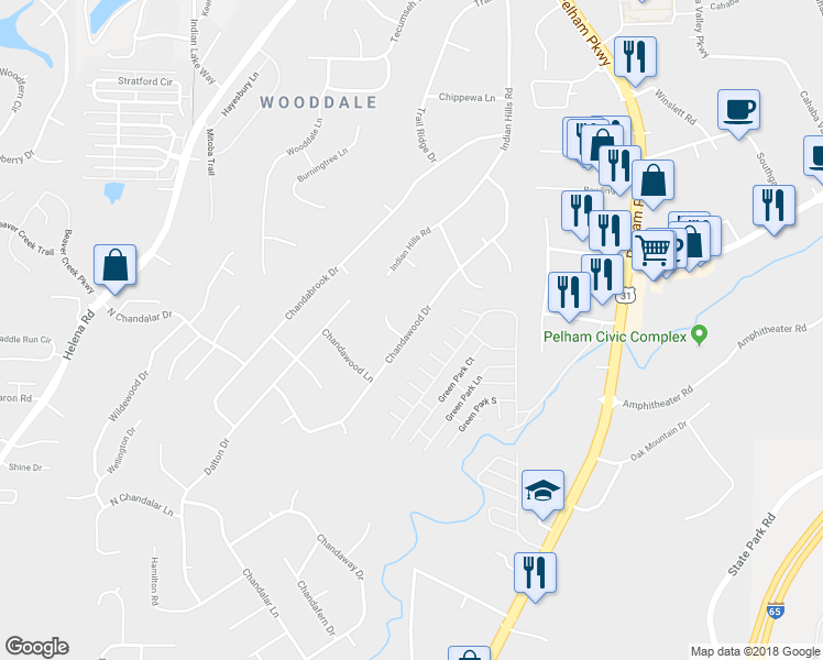 map of restaurants, bars, coffee shops, grocery stores, and more near Chandawood Drive in Pelham