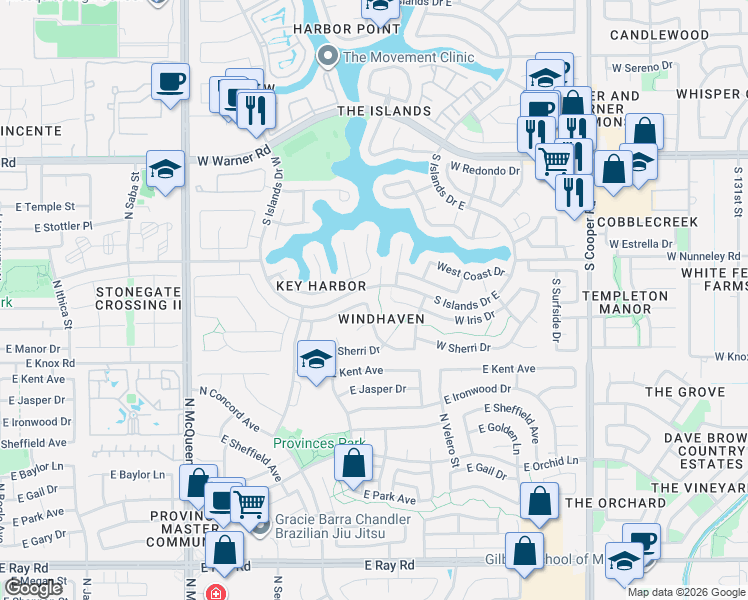 map of restaurants, bars, coffee shops, grocery stores, and more near 1069 South Crown Key Avenue in Gilbert