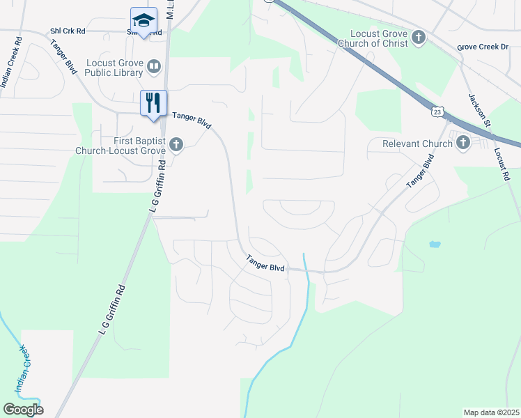map of restaurants, bars, coffee shops, grocery stores, and more near 2053 Theberton Trail in Locust Grove