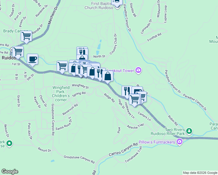 map of restaurants, bars, coffee shops, grocery stores, and more near 287 Wingfield Street in Ruidoso