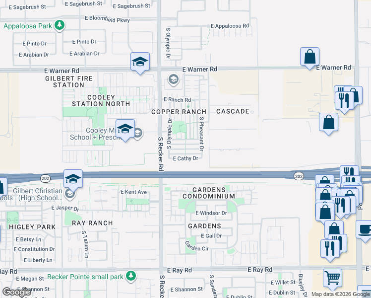 map of restaurants, bars, coffee shops, grocery stores, and more near 4101 East Devon Drive in Gilbert