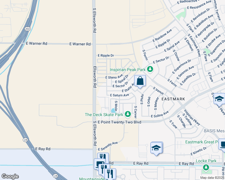 map of restaurants, bars, coffee shops, grocery stores, and more near 9312 East Static Avenue in Mesa