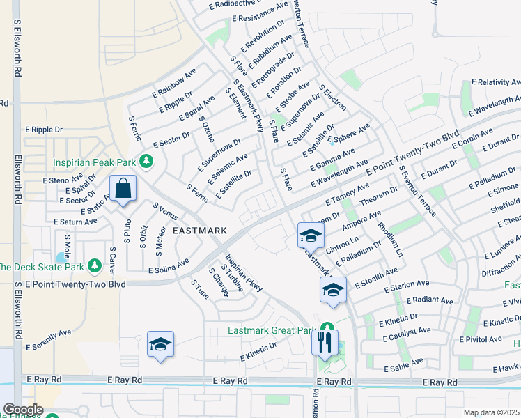 map of restaurants, bars, coffee shops, grocery stores, and more near South Eastmark Parkway in Mesa