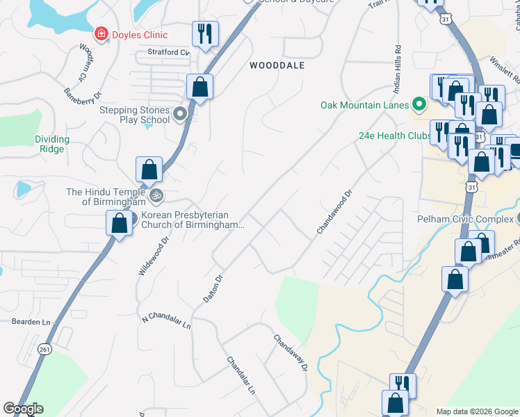 map of restaurants, bars, coffee shops, grocery stores, and more near 2344 Dalton Drive in Pelham