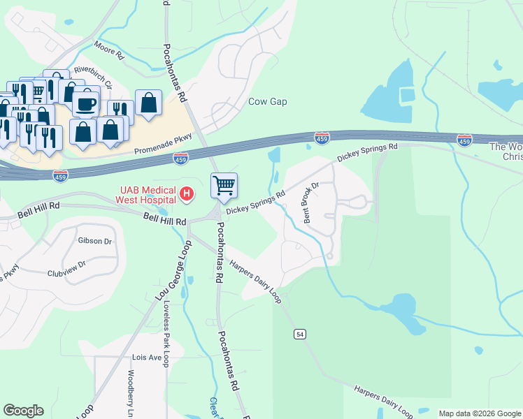 map of restaurants, bars, coffee shops, grocery stores, and more near 8100 Dickey Springs Road in Bessemer