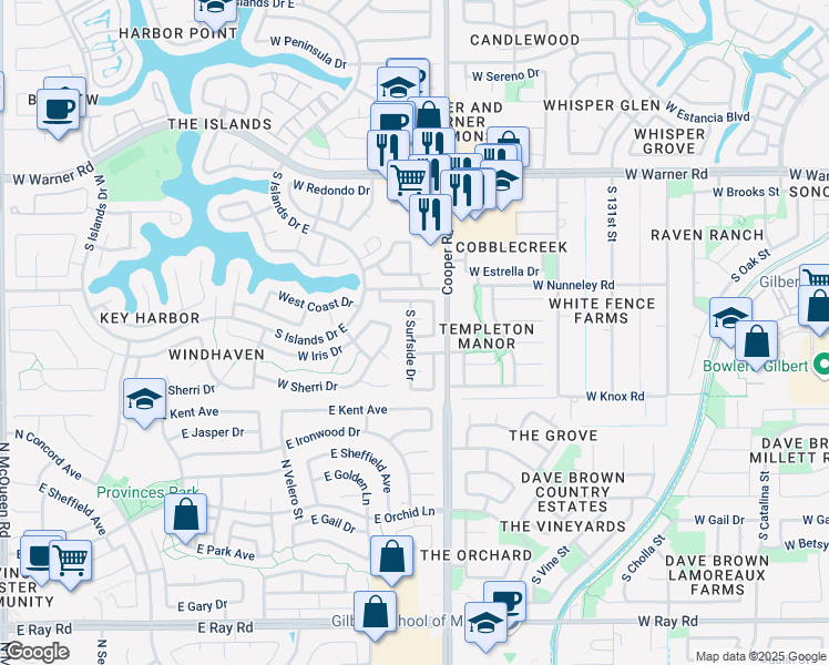 map of restaurants, bars, coffee shops, grocery stores, and more near 1038 South Surfside Drive in Gilbert