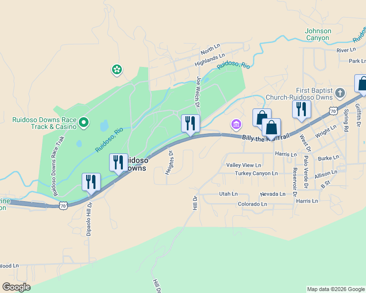 map of restaurants, bars, coffee shops, grocery stores, and more near 122 East Circle Drive in Ruidoso Downs