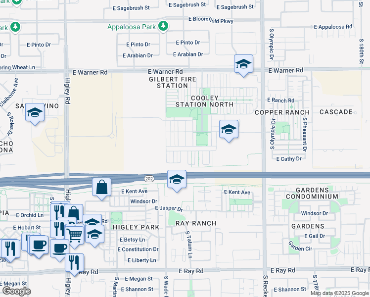 map of restaurants, bars, coffee shops, grocery stores, and more near 1128 South Annie Lane in Gilbert