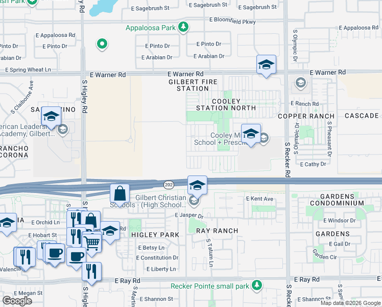 map of restaurants, bars, coffee shops, grocery stores, and more near 1131 South Wade Drive in Gilbert
