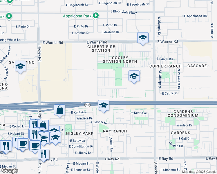 map of restaurants, bars, coffee shops, grocery stores, and more near 1128 South Annie Lane in Gilbert