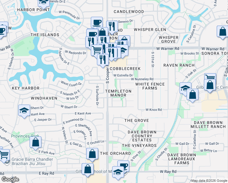map of restaurants, bars, coffee shops, grocery stores, and more near 1050 South Buchanan Street in Gilbert