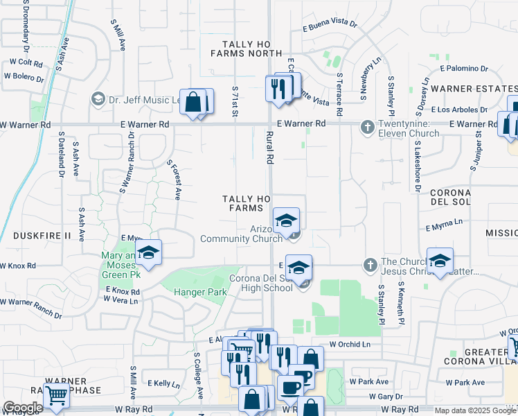 map of restaurants, bars, coffee shops, grocery stores, and more near 9210 South Rural Road in Tempe