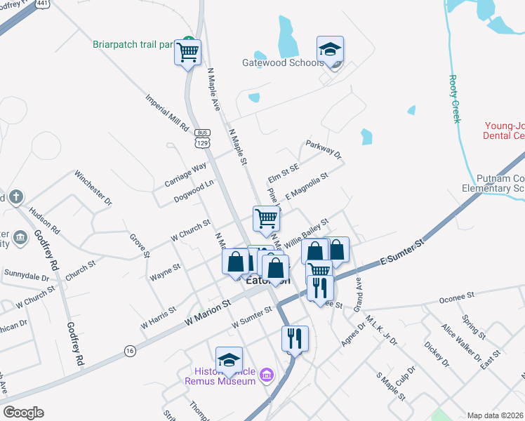 map of restaurants, bars, coffee shops, grocery stores, and more near N Maple St in Eatonton