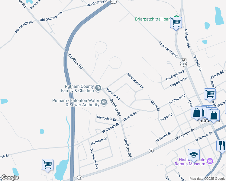 map of restaurants, bars, coffee shops, grocery stores, and more near 663 Godfrey Road in Eatonton