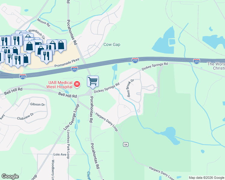 map of restaurants, bars, coffee shops, grocery stores, and more near 8100 Dickey Springs Road in Bessemer