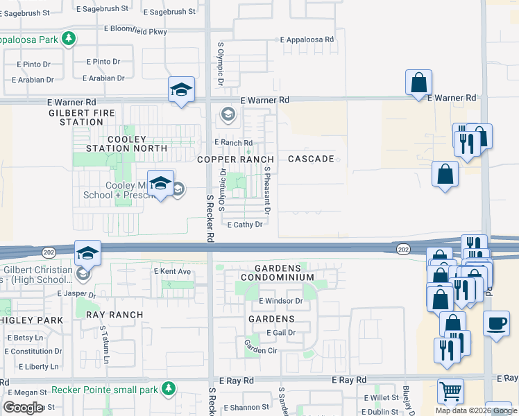 map of restaurants, bars, coffee shops, grocery stores, and more near 1125 South Pheasant Drive in Gilbert