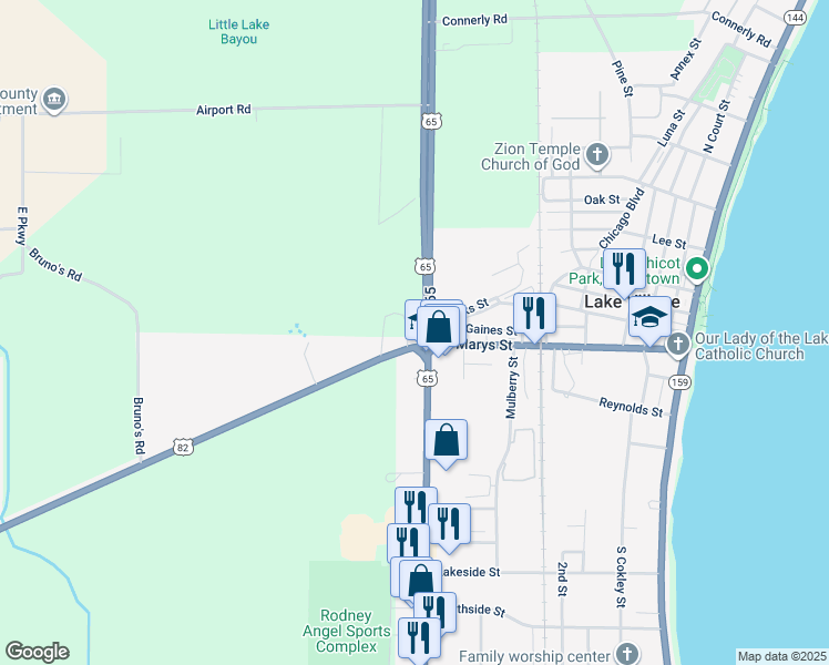 map of restaurants, bars, coffee shops, grocery stores, and more near 82 N U.S. 65 in Lake Village