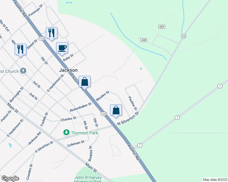 map of restaurants, bars, coffee shops, grocery stores, and more near 121 Rhodes Street in Jackson