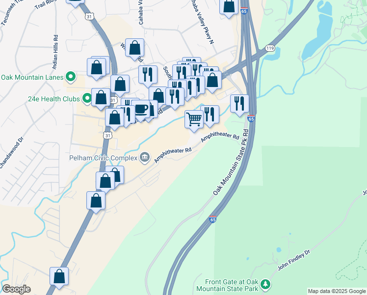 map of restaurants, bars, coffee shops, grocery stores, and more near 275 Amphitheater Road in Pelham