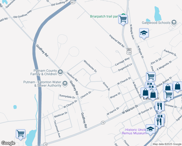 map of restaurants, bars, coffee shops, grocery stores, and more near 104 Winchester Drive in Eatonton