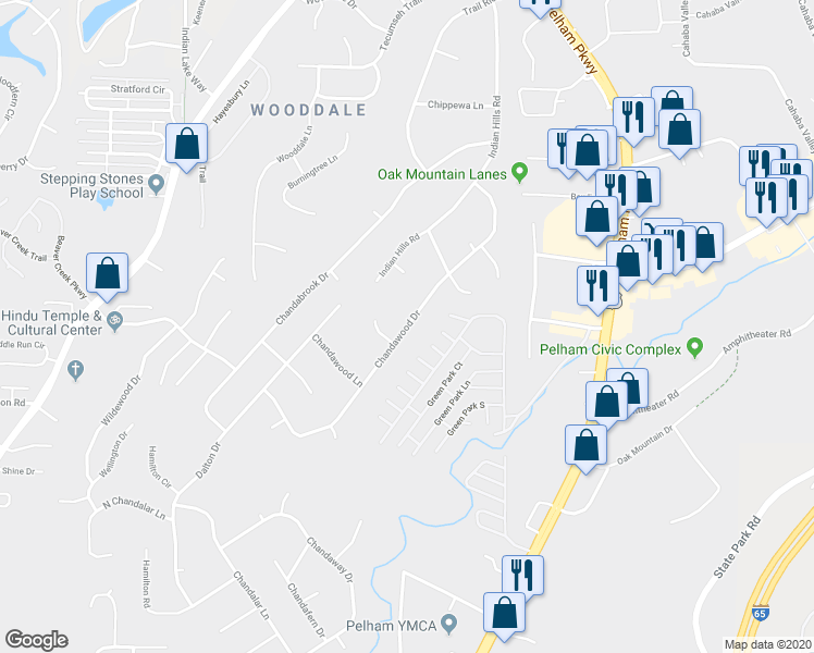 map of restaurants, bars, coffee shops, grocery stores, and more near 2295 Chandawood Drive in Pelham