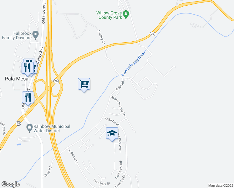map of restaurants, bars, coffee shops, grocery stores, and more near 5136 Riverview Court in Fallbrook