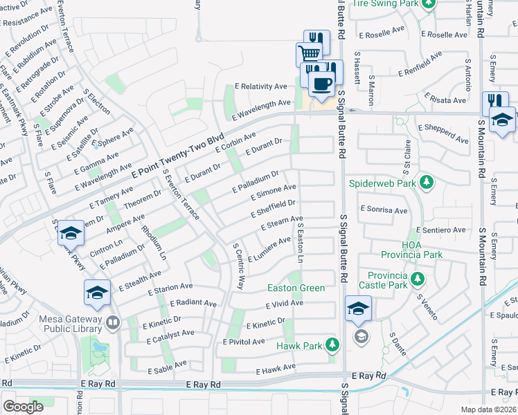 map of restaurants, bars, coffee shops, grocery stores, and more near 10535 East Sheffield Drive in Mesa