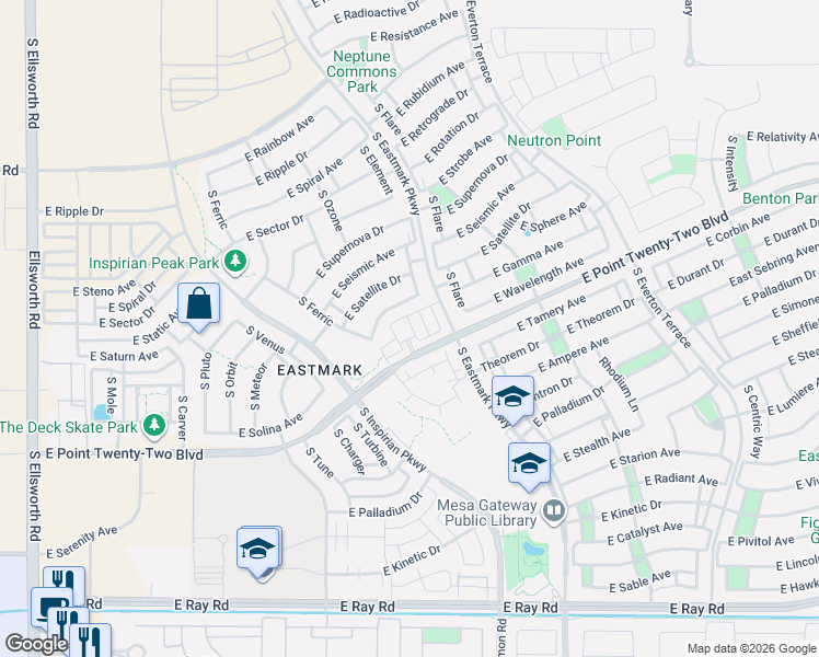 map of restaurants, bars, coffee shops, grocery stores, and more near South Eastmark Parkway in Mesa