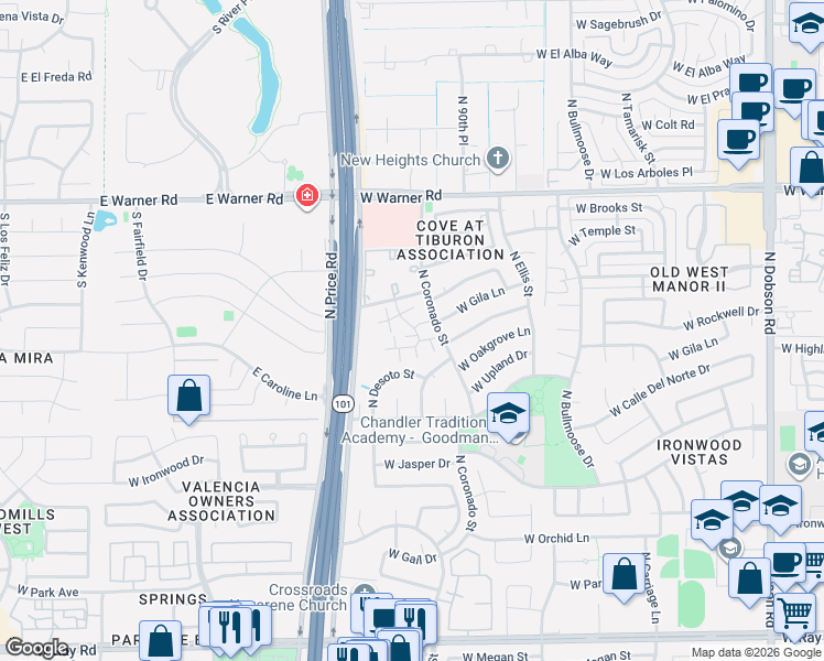 map of restaurants, bars, coffee shops, grocery stores, and more near 2875 West Highland Street in Chandler