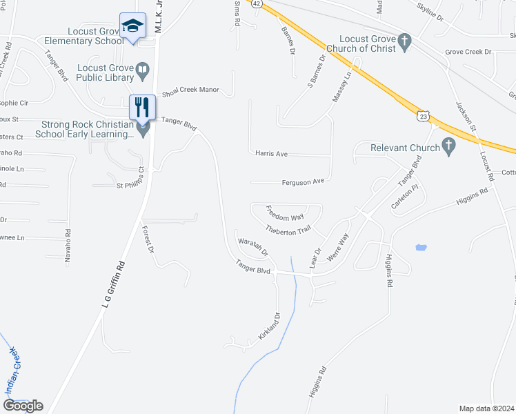 map of restaurants, bars, coffee shops, grocery stores, and more near 2040 Theberton Trail in Locust Grove