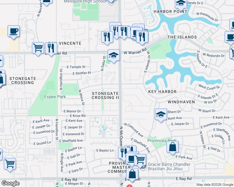 map of restaurants, bars, coffee shops, grocery stores, and more near 960 East Gila Lane in Chandler