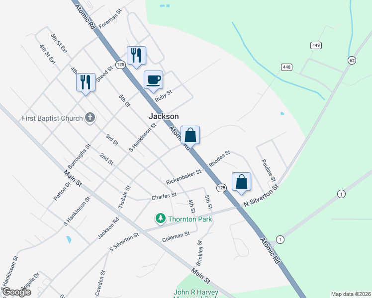 map of restaurants, bars, coffee shops, grocery stores, and more near 131 Atomic Road in Jackson
