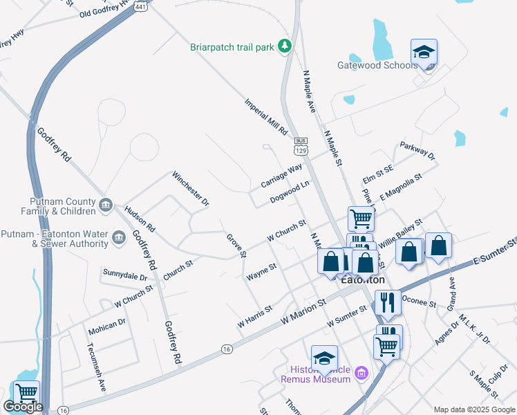 map of restaurants, bars, coffee shops, grocery stores, and more near 112 Dogwood Lane in Eatonton