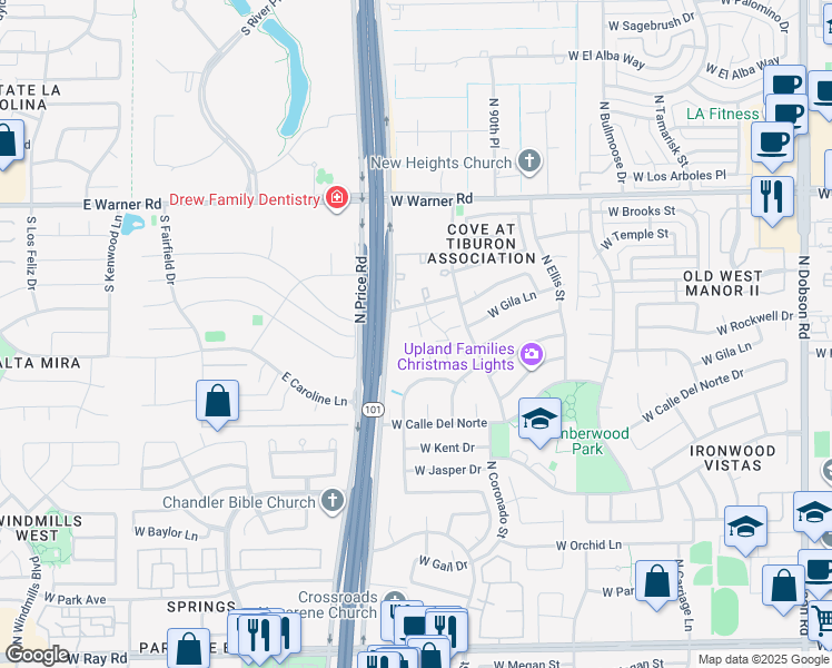 map of restaurants, bars, coffee shops, grocery stores, and more near 2875 West Highland Street in Chandler