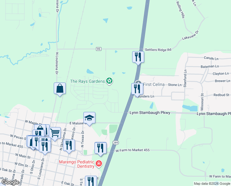 map of restaurants, bars, coffee shops, grocery stores, and more near 7764 Shade Tree Lane in Celina