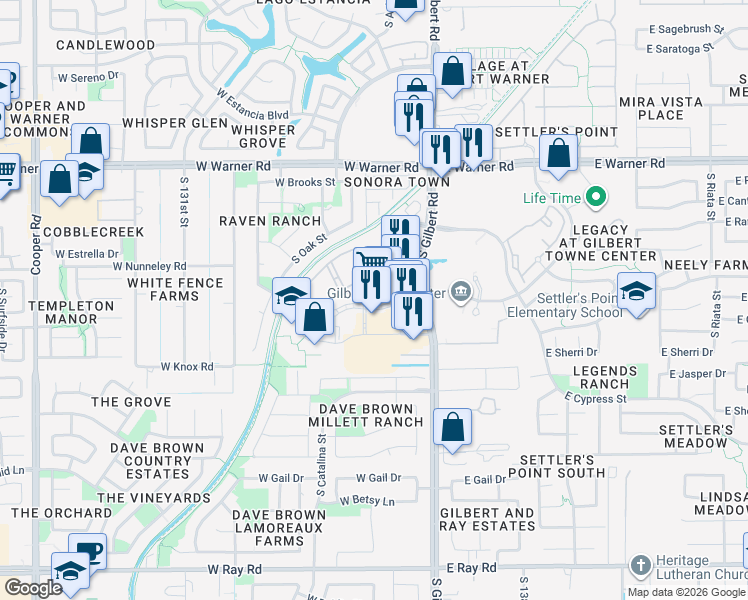 map of restaurants, bars, coffee shops, grocery stores, and more near 1120 West Gilbert Town Square Avenue in Gilbert
