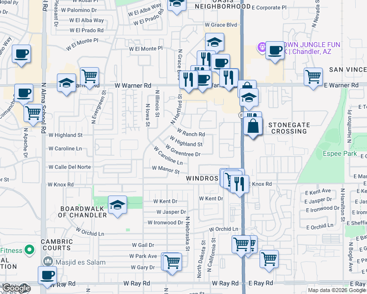 map of restaurants, bars, coffee shops, grocery stores, and more near 491 West Greentree Drive in Chandler