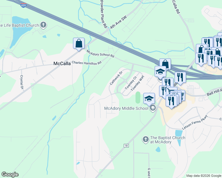 map of restaurants, bars, coffee shops, grocery stores, and more near 6180 Cathwick Drive in McCalla