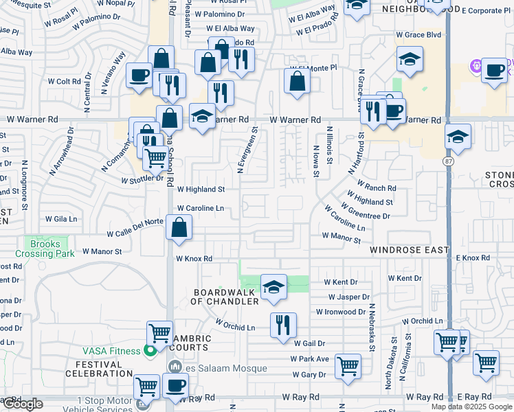 map of restaurants, bars, coffee shops, grocery stores, and more near 720 West Calle Del Norte in Chandler